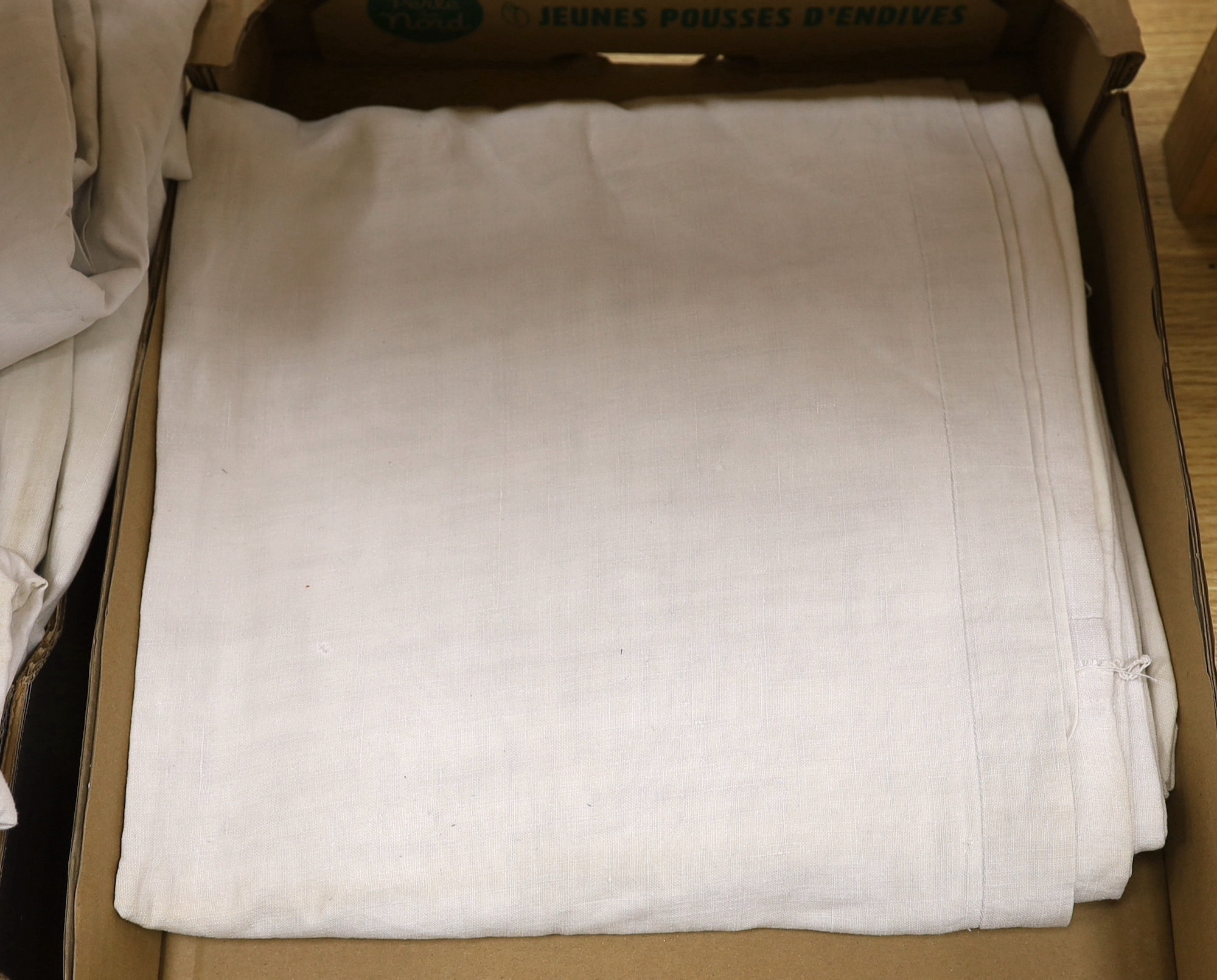 Nine plain thick French provincial linen sheets (in two boxes)